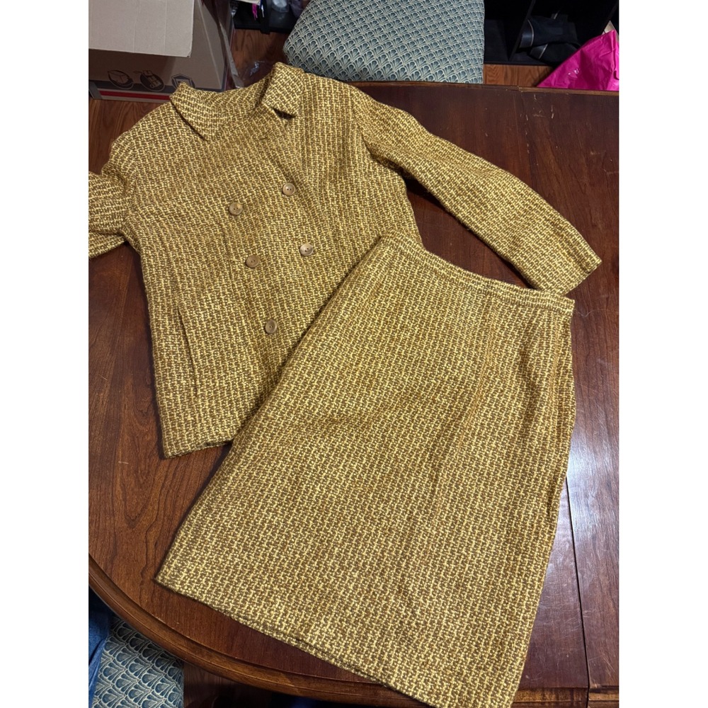 Vintage Handmade Mustard Yellow Tweed Skirt Suit Set Double Breasted Blazer